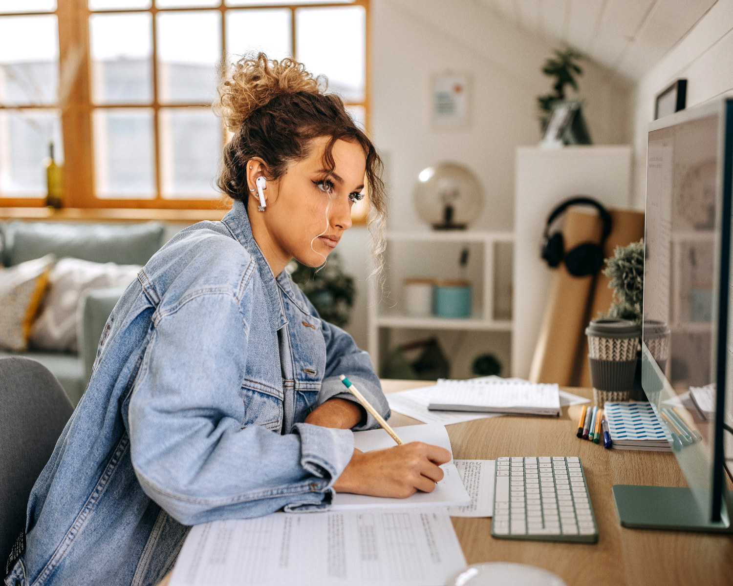 Jugendliche lernt ruhig und konzentriert zu Hause am Tisch